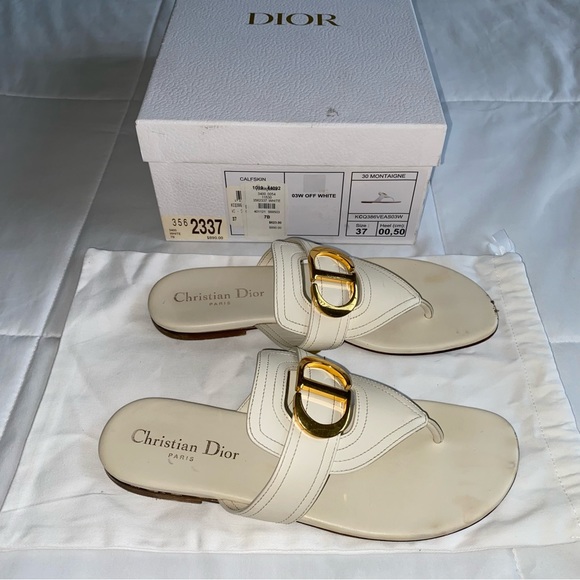 DIOR Authentic Christian Dior 30 Montaigne CD Gold Logo White Leather Sandals 37 - Picture 2 of 11